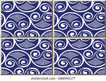 Ceramic tile pattern round spiral curve vortex cross frame fan vine, oriental interior floor wall ornament elegant stylish design