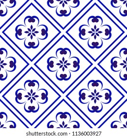 ceramic tile pattern, Seamless porcelain decor, cute Chinaware background, blue and white floral backdrop for design floor, wallpaper, texture, fabric, paper vector illustration