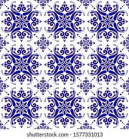 ceramic tile pattern, Seamless porcelain decor, decorative floral background, blue and white indigo backdrop for design floor, wallpaper, texture, fabric, paper, tiles and ceiling,vector illustration