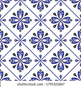 ceramic tile pattern, Seamless porcelain decor, cute Chinaware background, blue and white floral backdrop damask style for design floor, wallpaper, texture, fabric, paper, tiled and ceiling, vector