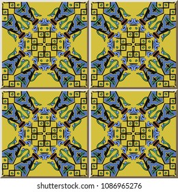 Ceramic tile pattern square check geometry cross frame curve plant, oriental interior floor wall ornament elegant stylish design