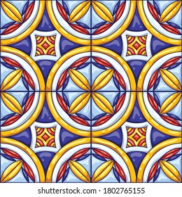 Ceramic tile pattern. Typical ornate portuguese or italian ceramic tiles. Decorative abstract background. Seamless retro vector