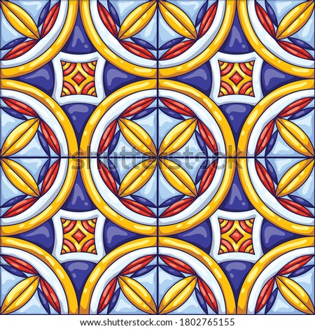 Ceramic tile pattern. Typical ornate portuguese or italian ceramic tiles. Decorative abstract background. Seamless retro vector