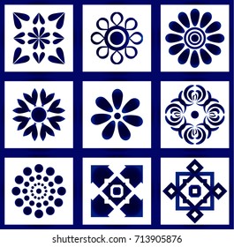 ceramic tile pattern vector set, abstract flower art decoration for your design,beautiful blue floral background, porcelain design
