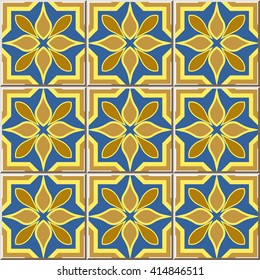 Ceramic tile pattern vintage golden yellow cross geometry flower