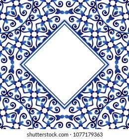 Ceramic tile pattern with watercolor ornament. Islamic, indian, arabic motifs. Wedding invitation template. Porcelain ethnic bohemian background. Abstract floral ornament border. Vector illustration