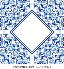 Ceramic tile pattern with watercolor ornament. Islamic, indian, arabic motifs. Wedding invitation template. Porcelain ethnic bohemian background. Abstract floral ornament border. Vector illustration
