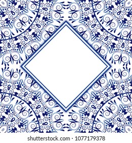 Ceramic tile pattern with watercolor ornament. Islamic, indian, arabic motifs. Wedding invitation template. Porcelain ethnic bohemian background. Abstract floral ornament border. Vector illustration