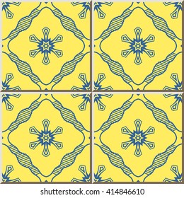 Ceramic tile pattern yellow blue cross line flower