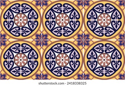 Ceramic Tile pattern.Azulejo Traditional pattern style.Design with blue and yellow ornament.Hand drawn.These design is perfect for adding pattern to home decorative tile,floor,pillowcase and wallpaper