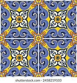 Keramikfliesenmuster.Azulejo Traditioneller Musterstil.Design mit blauem und gelbem Ornament.Hand gezeichnet.Diese Design ist perfekt, um Muster zu Hause dekorative Fliesen, Boden, Kissenbezug und Bildschirmhintergrund hinzuzufügen