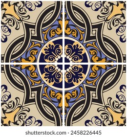 Ceramic tile pattern.Azulejo Traditional pattern style.Design with classic,baroque ornament on beige background.These design is perfect for adding pattern to home decorative tile,floor and wallpaper.