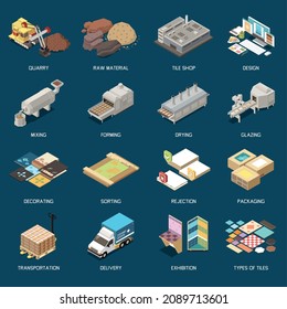 Ceramic tile production set of quarry raw material mixing design forming drying glazing decorating sorting rejection packaging isometric icons vector illustration