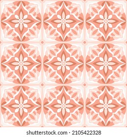 Ceramic tile seamless pattern. Abstract floral patchwork ornaments, Moroccan, Portuguese tiles, Azulejo in pink pastel colors. Majolica design, decorative background, vector illustration.