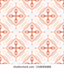 Ceramic tile seamless pattern. Floral mosaic. Patchwork ornaments, Moroccan, Portuguese tiles, Azulejo in pink pastel colors. Majolica design, decorative background, vector illustration.