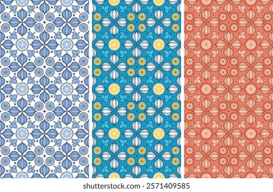 Ceramic tile seamless pattern, with food ingredient elements like garlic, parsley, lemon, oranges, herbs, in 3 colour options of bright blues yellows, tonal pastel blues and warm terracotta .