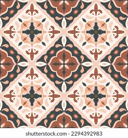 Ceramic tile seamless pattern. Majolica design, patchwork ornaments, Moroccan tiles, Azulejo, Portuguese artwork, decorative background, vector illustration. Square print in victorian style.