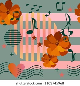 Ceramic tile or seamless print for fabric with orange cosmos flowers, musical rulers passing through heart, music notes and signs, stars and elements in memphis style on green background in vector.