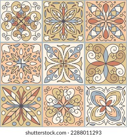 Ceramic tile. Seamless vector pattern in earthy brown beige colors. Print for wallpaper, kitchen decor. Traditional spanish, portuguese background. Vintage yellow-red ornament