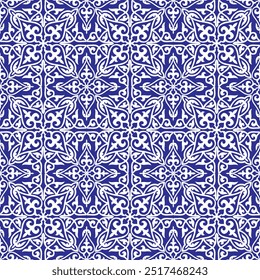 Estilização de azulejos de cerâmica com ornamentos azuis. Padrão sem emenda geométrico Azul e branco arabesco, patchwork. Azulejos portugal, ornamento turco, mosaico azulejo marroquino, ornamento Talavera.