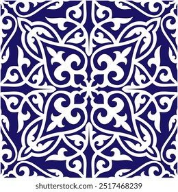 Ceramic tile stylization with blue white ornament. Geometric Seamless Pattern Arabesque blue and white. Azulejos portugal, Turkish ornament, Moroccan tile mosaic, Talavera ornament, patchwork