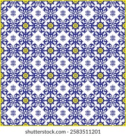 Ceramic tile in talavera style with mosaic pattern, blue, white, yellow colors. Traditional Portuguese, Sicilian, Vintage pattern for ceramic tile, wallpaper, linoleum, textile, web page background