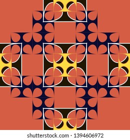 Ceramic tile vector. Morrocan pattern, Majolica ornament. Retro Ethnic repeat.       Geometric boho design. Italian majolica tile, Mosaic morrocan. Floral elements. Orange, blue