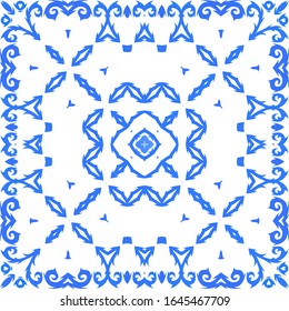Ceramic tiles azulejo portugal. Bathroom design. Vector seamless pattern arabesque. Blue ethnic background for T-shirts, scrapbooking, linens, smartphone cases or bags.
