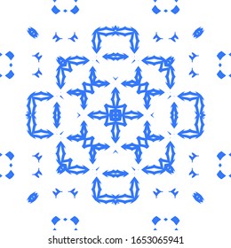 Ceramic tiles azulejo portugal. Bathroom design. Vector seamless pattern arabesque. Blue ethnic background for T-shirts, scrapbooking, linens, smartphone cases or bags.