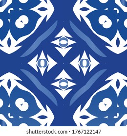 Ceramic tiles azulejo portugal. Bathroom design. Vector seamless pattern illustration. Blue ethnic background for T-shirts, scrapbooking, linens, smartphone cases or bags.