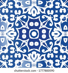 Ceramic tiles azulejo portugal. Bathroom design. Vector seamless pattern flyer. Blue ethnic background for T-shirts, scrapbooking, linens, smartphone cases or bags.