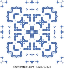 Ceramic tiles azulejo portugal. Bathroom design. Vector seamless pattern arabesque. Blue ethnic background for T-shirts, scrapbooking, linens, smartphone cases or bags.