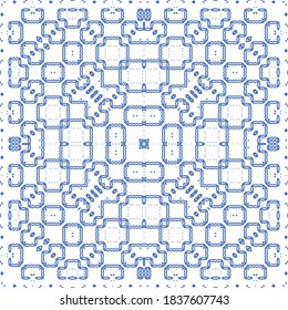 Ceramic tiles azulejo portugal. Bathroom design. Vector seamless pattern arabesque. Blue ethnic background for T-shirts, scrapbooking, linens, smartphone cases or bags.