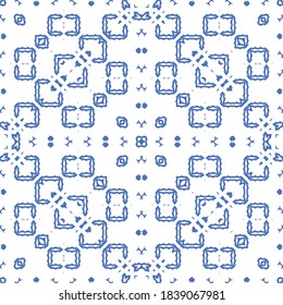 Ceramic tiles azulejo portugal. Bathroom design. Vector seamless pattern arabesque. Blue ethnic background for T-shirts, scrapbooking, linens, smartphone cases or bags.