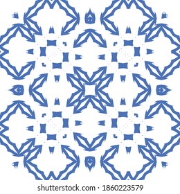 Ceramic tiles azulejo portugal. Bathroom design. Vector seamless pattern arabesque. Blue ethnic background for T-shirts, scrapbooking, linens, smartphone cases or bags.
