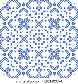Ceramic tiles azulejo portugal. Bathroom design. Vector seamless pattern arabesque. Blue ethnic background for T-shirts, scrapbooking, linens, smartphone cases or bags.
