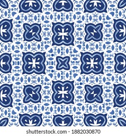 Ceramic tiles azulejo portugal. Bathroom design. Vector seamless pattern flyer. Blue ethnic background for T-shirts, scrapbooking, linens, smartphone cases or bags.