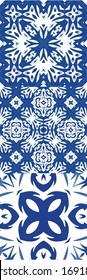 Ceramic tiles azulejo portugal. Collection of vector seamless patterns. Bathroom design. Blue ethnic backgrounds for T-shirts, scrapbooking, linens, smartphone cases or bags.