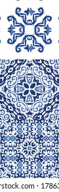 Ceramic tiles azulejo portugal. Collection of vector seamless patterns. Stylish design. Blue ethnic backgrounds for T-shirts, scrapbooking, linens, smartphone cases or bags.