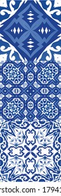 Ceramic tiles azulejo portugal. Collection of vector seamless patterns. Graphic design. Blue ethnic backgrounds for T-shirts, scrapbooking, linens, smartphone cases or bags.