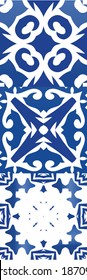 Ceramic tiles azulejo portugal. Collection of vector seamless patterns. Fashionable design. Blue ethnic backgrounds for T-shirts, scrapbooking, linens, smartphone cases or bags.