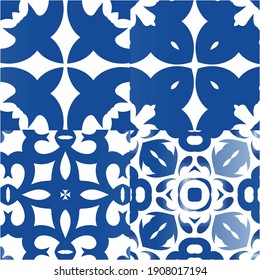 Ceramic tiles azulejo portugal. Collection of vector seamless patterns. Universal design. Blue ethnic backgrounds for T-shirts, scrapbooking, linens, smartphone cases or bags.