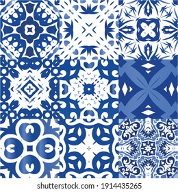 Ceramic tiles azulejo portugal. Collection of vector seamless patterns. Bathroom design. Blue ethnic backgrounds for T-shirts, scrapbooking, linens, smartphone cases or bags.