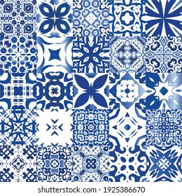 Ceramic tiles azulejo portugal. Collection of vector seamless patterns. Geometric design. Blue ethnic backgrounds for T-shirts, scrapbooking, linens, smartphone cases or bags.