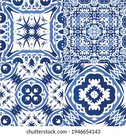 Ceramic tiles azulejo portugal. Collection of vector seamless patterns. Bathroom design. Blue ethnic backgrounds for T-shirts, scrapbooking, linens, smartphone cases or bags.