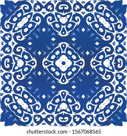 Ceramic tiles azulejo portugal. Colored design. Vector seamless pattern theme. Blue ethnic background for T-shirts, scrapbooking, linens, smartphone cases or bags.