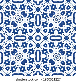 Ceramic tiles azulejo portugal. Colored design. Vector seamless pattern frame. Blue ethnic background for T-shirts, scrapbooking, linens, smartphone cases or bags.