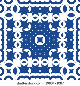 Ceramic tiles azulejo portugal. Colored design. Vector seamless pattern frame. Blue ethnic background for T-shirts, scrapbooking, linens, smartphone cases or bags.