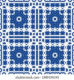 Ceramic tiles azulejo portugal. Colored design. Vector seamless pattern frame. Blue ethnic background for T-shirts, scrapbooking, linens, smartphone cases or bags.
