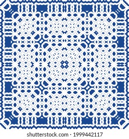 Ceramic tiles azulejo portugal. Colored design. Vector seamless pattern frame. Blue ethnic background for T-shirts, scrapbooking, linens, smartphone cases or bags.